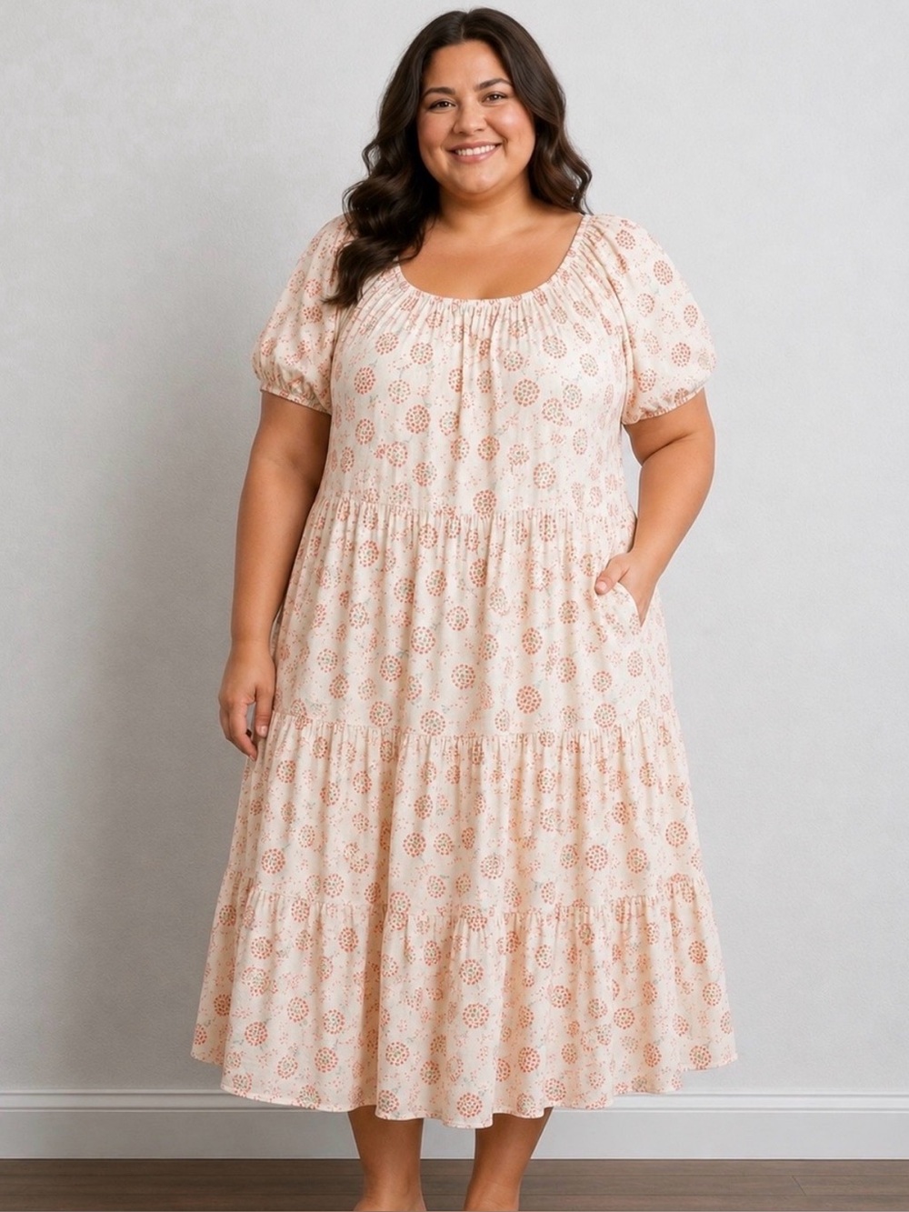 Ivy City Co. Tiered Cotton Cottagecore Plus Size Midi Dress | Cream Floral | 2X